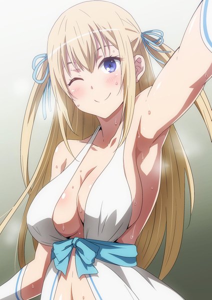 Anime picture 1449x2048 with amagi brilliant park kyoto animation sylphy (amaburi) hera (harayutaka) single long hair tall image looking at viewer blush fringe breasts blue eyes light erotic blonde hair smile hair between eyes large breasts standing payot cleavage