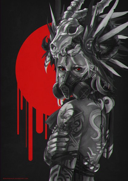 Anime picture 2480x3508 with monori rogue single tall image looking at viewer highres short hair simple background red eyes silver hair horn (horns) tattoo piercing monochrome ear piercing girl skull respirator skull helmet