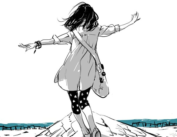 Anime picture 800x622 with original lenny-tree single long hair short hair black hair white background wind back spread arms walking girl shirt water bracelet white shirt sea bag leggings