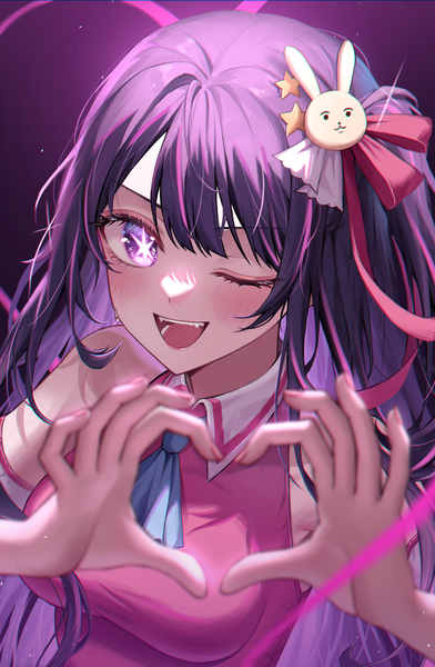 Anime picture 2646x4048 with oshi no ko hoshino ai (oshi no ko) wolla single long hair tall image looking at viewer fringe highres breasts open mouth simple background smile large breasts purple eyes purple hair upper body blunt bangs nail polish multicolored hair