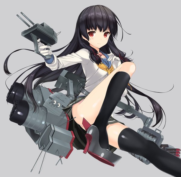 Anime picture 1702x1665 with kantai collection isokaze destroyer naruse hirofumi single long hair blush fringe highres light erotic black hair simple background red eyes looking away bent knee (knees) light smile grey background high heels ass visible through thighs convenient censoring tress ribbon