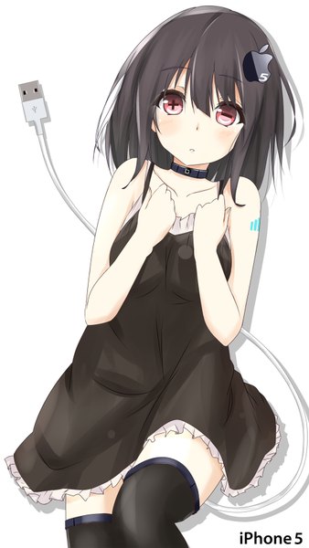 Anime picture 1000x1774 with original apple inc. saku (kudrove) single tall image looking at viewer blush short hair light erotic black hair simple background red eyes white background bare shoulders symbol-shaped pupils personification girl thighhighs dress hair ornament