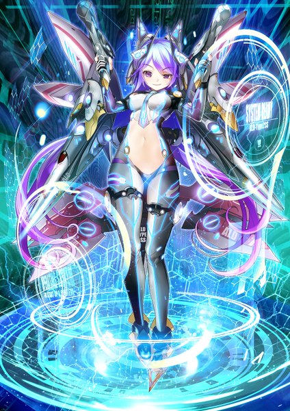 Anime picture 1000x1414 with original yamacchi single long hair tall image looking at viewer light erotic purple eyes blue hair mechanical girl hair ornament bodysuit