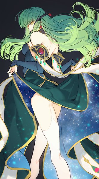 Anime picture 600x1086 with code geass sunrise (studio) c.c. creayus single long hair tall image looking at viewer fringe breasts light erotic simple background hair between eyes standing bare shoulders yellow eyes payot ass long sleeves looking back