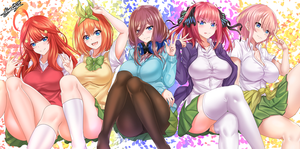 Anime picture 6039x3000 with go-toubun no hanayome nakano miku nakano nino nakano ichika nakano itsuki nakano yotsuba nez-kun (nezkunn) long hair looking at viewer blush fringe highres short hair breasts open mouth blue eyes light erotic simple background smile hair between eyes