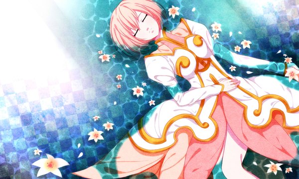 Anime-Bild 2000x1200 mit tales of (series) tales of vesperia estellise sidos heurassein seishiki (artist) single highres short hair smile wide image pink hair lying sleeping girl dress flower (flowers) petals water water lily