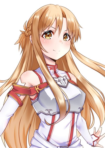 Anime picture 1280x1801 with sword art online a-1 pictures yuuki asuna reitency single long hair tall image blush simple background blonde hair smile white background yellow eyes upper body half updo girl detached sleeves armor breastplate