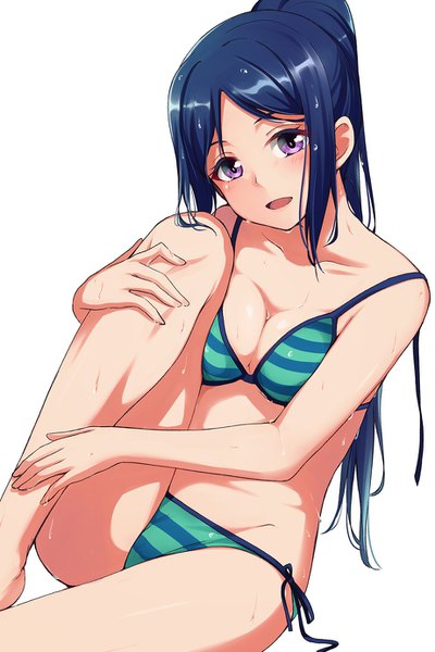 Anime picture 921x1380 with love live! sunshine!! sunrise (studio) love live! matsuura kanan nanotsuki single long hair tall image looking at viewer blush breasts open mouth light erotic simple background white background sitting purple eyes blue hair ponytail wet