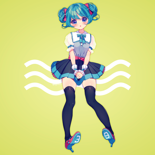 Anime picture 1058x1058 with vocaloid hatsune miku agirinpa single looking at viewer blush fringe short hair open mouth blue eyes simple background twintails full body nail polish head tilt pleated skirt aqua hair :o short sleeves high heels