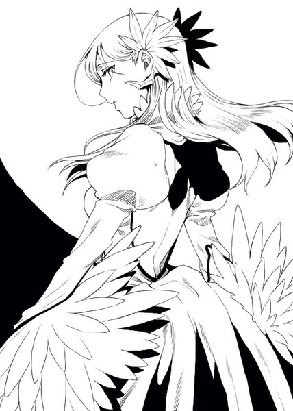 Anime picture 571x800 with bleach studio pierrot inoue orihime julion (akesuzu) single long hair tall image looking at viewer breasts open mouth simple background white background looking back from behind puffy sleeves black background monochrome bare back espada girl