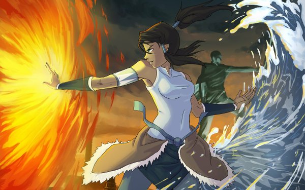 Anime picture 1280x800 with avatar: the legend of korra korra idriu95 long hair blue eyes brown hair wide image ponytail light smile outstretched arm magic silhouette ambiguous gender girl water hair tubes fire armband wave (waves)