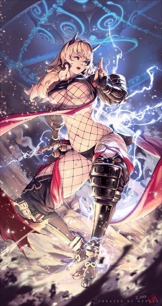 Anime picture 500x938 with blade & soul original nightmadness single long hair tall image fringe breasts blue eyes light erotic blonde hair large breasts looking away parted lips horn (horns) underboob fishnet girl socks scarf