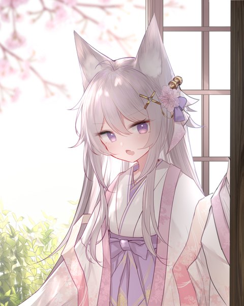Anime picture 1600x2000 with original guo582 single long hair tall image looking at viewer blush fringe open mouth hair between eyes standing purple eyes animal ears payot silver hair upper body ahoge long sleeves traditional clothes head tilt