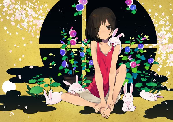 Anime picture 1100x779 with summer wars madhouse ikezawa kazuma rugo looking at viewer fringe brown hair sitting brown eyes barefoot hair over one eye animal on shoulder boy flower (flowers) animal window bunny morning glory