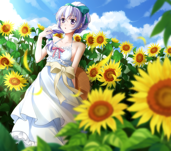 Anime picture 1724x1521 with full metal panic! gonzo teletha testarossa qiuzhi huiyi single long hair looking at viewer blush highres open mouth purple eyes bare shoulders sky cleavage purple hair cloud (clouds) :o hands behind back girl dress