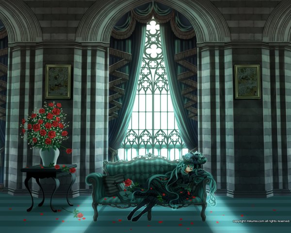 Anime picture 1280x1024 with vocaloid hatsune miku single long hair red eyes lying aqua hair girl dress flower (flowers) bow hat petals window pillow rose (roses) couch red rose room