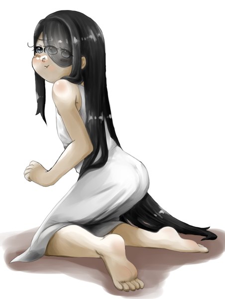 Anime picture 2894x3844 with original kakiagemaru single tall image looking at viewer fringe highres light erotic black hair simple background white background full body ass very long hair barefoot from behind black eyes kneeling turning head soles
