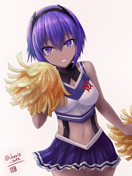 Anime picture 600x800 with fate (series) fate/grand order fate/prototype hassan of serenity (fate) haura akitoshi single tall image looking at viewer fringe breasts simple background smile hair between eyes standing bare shoulders signed purple hair horn (horns) thigh gap pink background