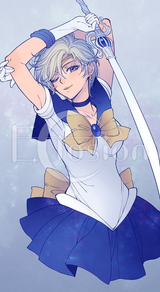 Anime picture 606x1102 with bishoujo senshi sailor moon toei animation tenou haruka sailor uranus eclosion single tall image short hair blue eyes simple background smile holding signed looking away head tilt pleated skirt one eye closed grey hair grey background arms up