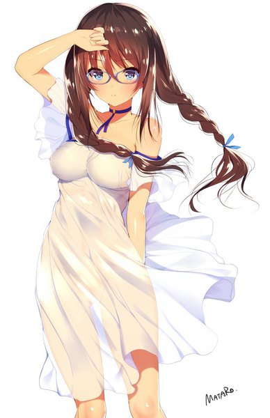 Anime picture 600x927 with original matarou (genkai toppa) single long hair tall image blush fringe breasts blue eyes light erotic simple background hair between eyes brown hair white background bare shoulders signed looking away braid (braids) wind off shoulder