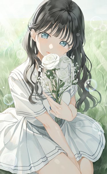 Anime picture 1050x1695 with original kinako (shiratama mochi) single long hair tall image looking at viewer blush fringe blue eyes black hair sitting holding signed outdoors blunt bangs from above sunlight short sleeves sunbeam girl