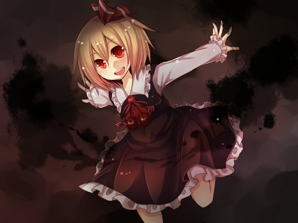 Anime picture 1024x768 with touhou rumia kusada souta single short hair blonde hair red eyes spread arms darkness girl ribbon (ribbons) hair ribbon