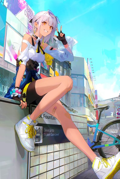 Anime picture 3186x4752 with honkai impact 3rd honkai (series) carole peppers shogo (shogo) single tall image looking at viewer fringe highres short hair smile sitting bare shoulders brown eyes absurdres sky silver hair full body bent knee (knees) outdoors