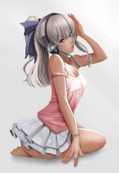 Anime picture 2408x3507 with charlotte p.a. works tomori nao justin deviant single long hair tall image looking at viewer blush fringe highres blue eyes light erotic simple background bare shoulders payot full body ponytail grey hair grey background
