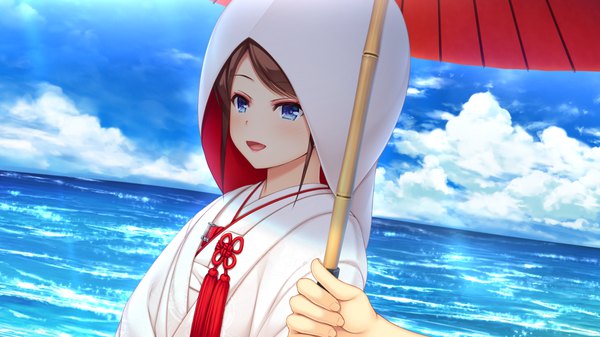 Anime picture 1280x720 with natural vacation hibiki works sarashina yuzuki asami asami open mouth blue eyes brown hair wide image looking away game cg sky cloud (clouds) traditional clothes japanese clothes solo focus horizon pov girl kimono sea