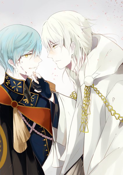 Anime picture 874x1240 with touken ranbu nitroplus tsurumaru kuninaga ichigo hitofuri tenchou (pixiv13629397) tall image short hair yellow eyes white hair traditional clothes japanese clothes profile aqua hair multiple boys face to face shounen ai blood on face hand on another's face boy gloves