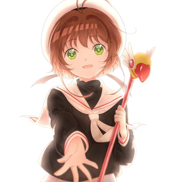 Anime picture 2400x2440 with card captor sakura clamp kinomoto sakura zhi (yammycheese) single tall image looking at viewer highres short hair open mouth simple background brown hair white background green eyes ahoge upper body :d outstretched hand girl uniform