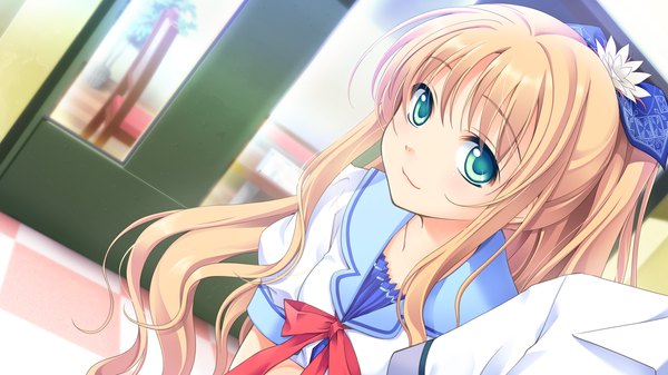 Anime picture 1280x720 with astraythem ginta long hair blonde hair wide image green eyes game cg ponytail girl uniform school uniform