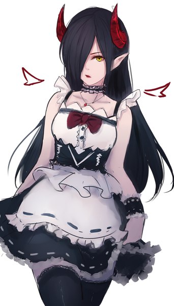 Anime picture 600x1052 with original shimmer single long hair tall image looking at viewer fringe open mouth black hair simple background standing white background yellow eyes horn (horns) pointy ears hair over one eye maid fake wings girl thighhighs