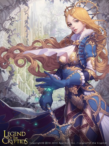 Anime picture 900x1200 with legend of the cryptids lange single long hair tall image looking at viewer blue eyes blonde hair standing wind realistic wavy hair girl dress gloves hair ornament weapon plant (plants) sword tree (trees)