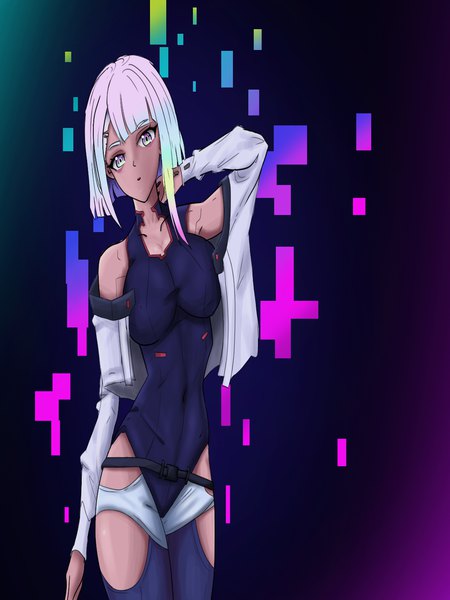 Anime picture 1080x1440 with cyberpunk edgerunners studio trigger lucy (cyberpunk) rainbow d fox single tall image looking at viewer fringe short hair breasts light erotic simple background standing white hair blunt bangs long sleeves head tilt arm up off shoulder open jacket