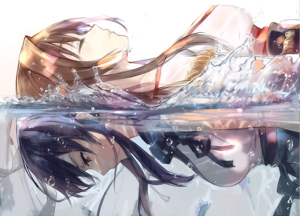 Anime picture 1553x1122 with kantai collection yamato super battleship yahagi light cruiser kisetsu long hair breasts black hair simple background red eyes brown hair white background upper body eyes closed profile grey background partially submerged floating hair looking down wet clothes sleeping