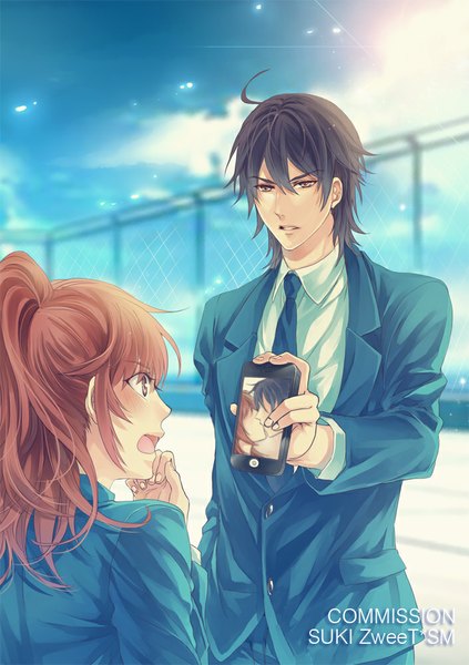Anime picture 705x1000 with original sukiblog long hair tall image fringe brown hair holding brown eyes yellow eyes sky cloud (clouds) fingernails lips couple hand in pocket kiss girl boy uniform school uniform