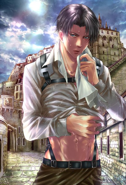 Anime picture 900x1320 with shingeki no kyojin production i.g levi (rivaille) rin-shiba single tall image short hair blue eyes sky purple hair cloud (clouds) sunlight wet sweat wet clothes shirt lift boy navel belt building (buildings)