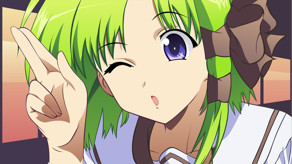 Anime picture 3500x1967 with shuffle! shigure asa ironcid single highres short hair open mouth wide image purple eyes one eye closed green hair wink portrait close-up face vector girl uniform bow hair bow