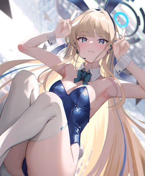 Anime picture 2517x3053 with blue archive toki (blue archive) toki (bunny) (blue archive) darudana single long hair tall image looking at viewer blush fringe highres breasts blue eyes light erotic blonde hair bare shoulders animal ears tail blunt bangs animal tail