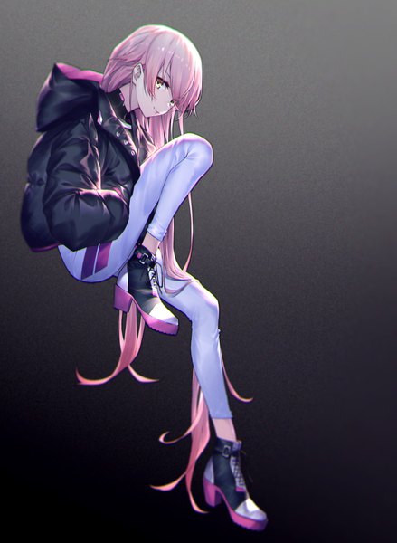 Anime picture 1508x2060 with original essual (layer world) single tall image looking at viewer fringe simple background smile hair between eyes yellow eyes pink hair full body bent knee (knees) very long hair open jacket high heels gradient background hand in pocket fashion girl