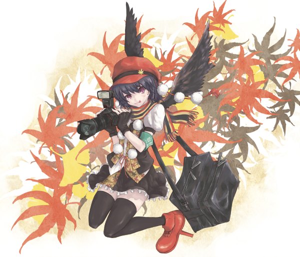 Anime picture 1199x1027 with touhou shameimaru aya mumulatte single looking at viewer short hair black hair red eyes :p girl thighhighs skirt gloves black thighhighs miniskirt wings shoes scarf fingerless gloves leaf (leaves)