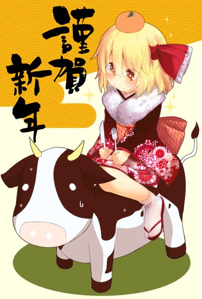 Anime picture 777x1150 with touhou rumia razy (skuroko) single tall image blush fringe short hair blonde hair smile hair between eyes red eyes looking away traditional clothes japanese clothes sparkle sweat saliva new year nengajou