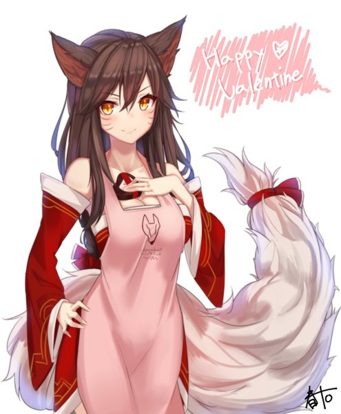 Anime picture 1000x1210 with league of legends ahri (league of legends) ato (haru ato) single long hair tall image looking at viewer blush fringe breasts simple background smile hair between eyes brown hair large breasts standing white background bare shoulders signed animal ears