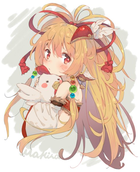 Anime picture 700x856 with granblue fantasy mahira (granblue fantasy) eip (pepai) single long hair tall image looking at viewer blush fringe simple background blonde hair hair between eyes red eyes holding animal ears payot upper body grey background wide sleeves character names