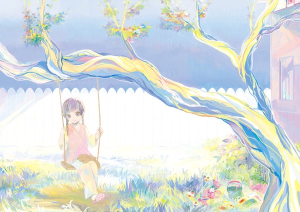 Anime picture 1500x1061 with hecatoncheir winumeri single long hair fringe brown hair brown eyes braid (braids) twin braids girl plant (plants) tree (trees) building (buildings) toy grass stuffed animal child (children) fence pajamas stuffed rabbit