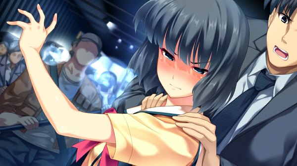Anime picture 1024x576 with d-eve in you takeoka minami blush short hair blue eyes black hair wide image game cg girl boy