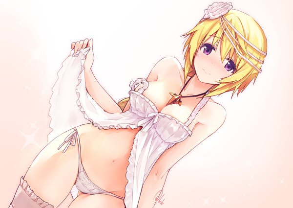 Anime picture 1200x850 with infinite stratos 8bit charles dunois azumi akitake single long hair looking at viewer blush fringe breasts light erotic simple background blonde hair hair between eyes large breasts standing purple eyes bare shoulders signed dutch angle