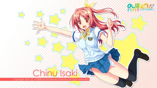 Anime picture 2560x1440 with no pantsu!! isaki chinu bomi highres light erotic red eyes wide image pink hair half updo girl uniform school uniform star (symbol)
