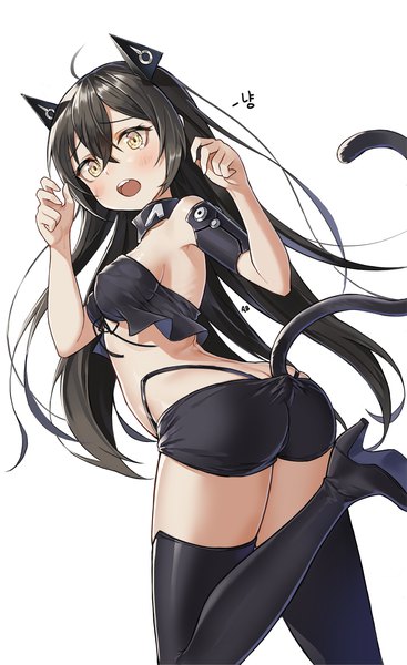 Anime picture 980x1600 with girls frontline judge (girls frontline) aliceblue single long hair tall image looking at viewer blush fringe breasts open mouth light erotic black hair simple background hair between eyes large breasts standing white background signed yellow eyes
